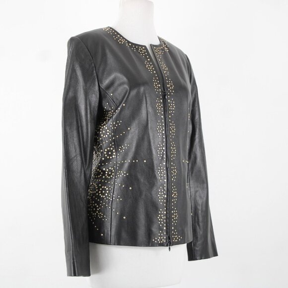 Dana Buchman Sz 12 Black Gold Stud Zipper 100% Leather Acetate Lined Jacket - Picture 5 of 16